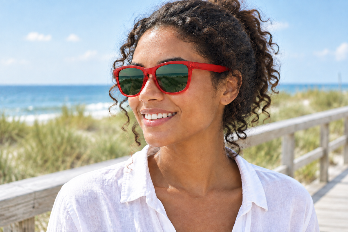 Woman on a seaside boardwalk wearing Rainbow II UV 400 polarised sunglasses with a translucent red frame and green lenses.
