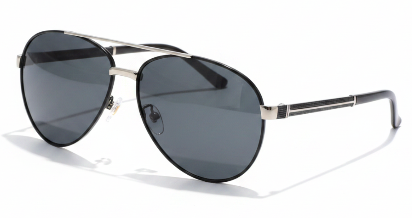 salisbury unisex aviator metal UV 400 Polarised sunglasses with black silver temple and black lens 45º side view
