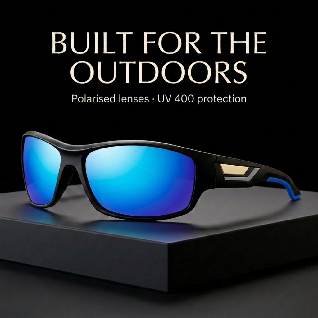 Sharper campaign Polarised UV 400 Sports Cycling Sunglasses revision with a clean gold temple insert and defined grey accent by Missandtrendy