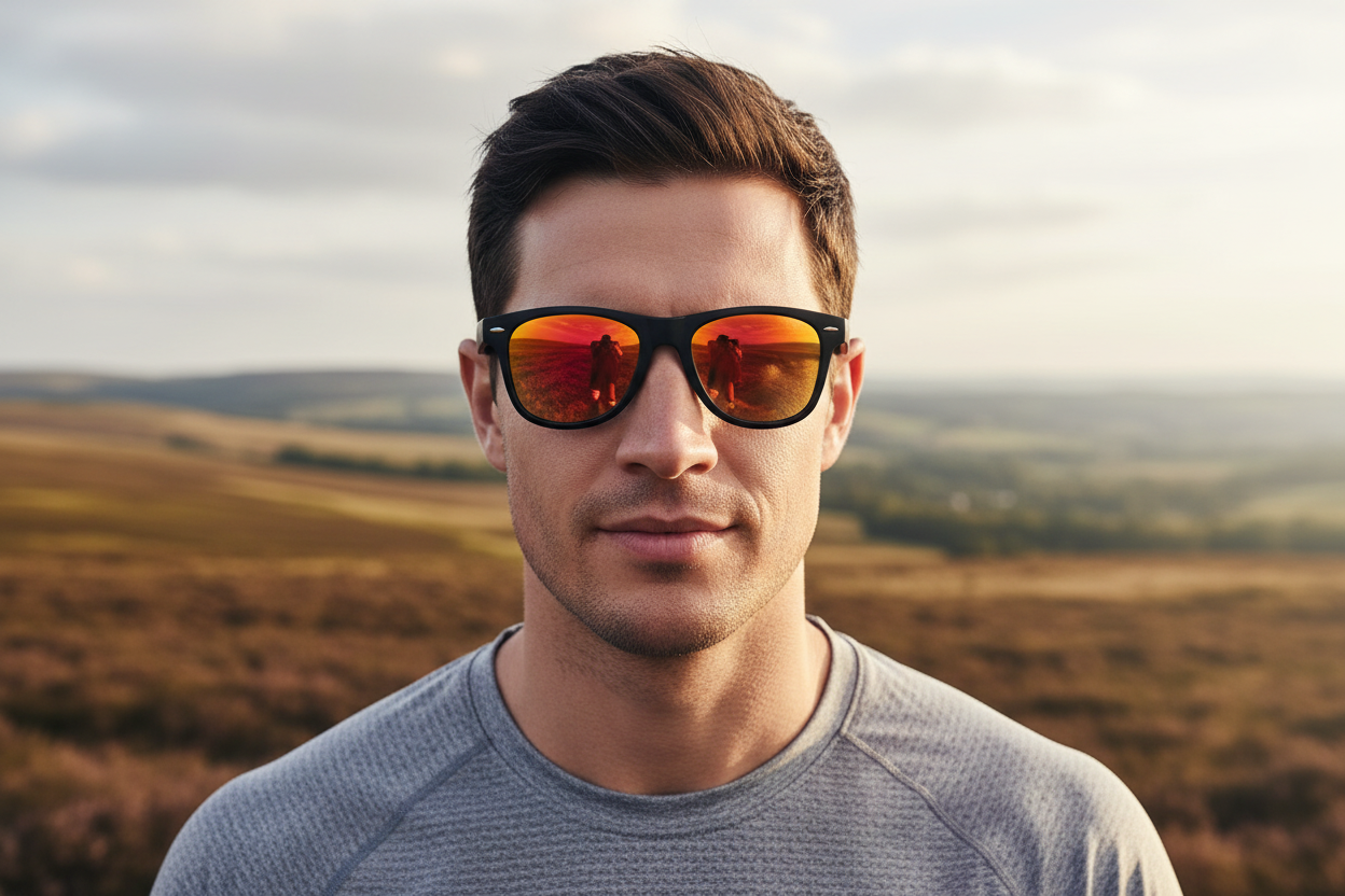 Sporty man wearing matte black wayfarer sunglasses soft orange mirror lenses Bradford Yorkshire backdrop