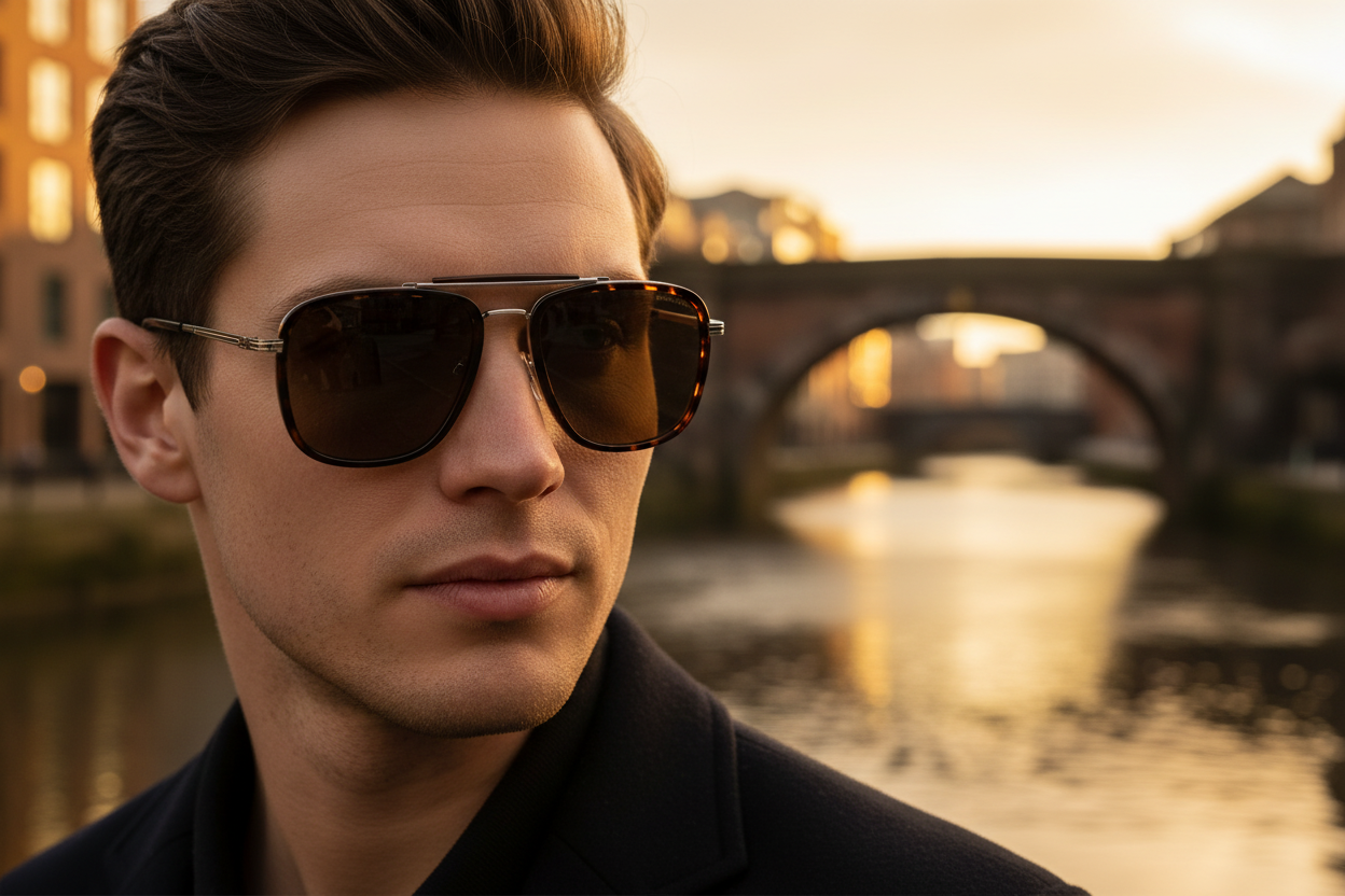 Stylish man wearing Leeds Army tortoiseshell aviator sunglasses Granary Wharf Leeds golden hour