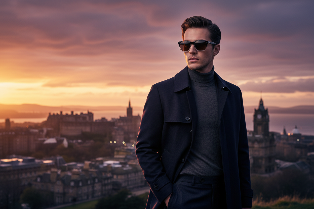 Stylish man wearing Crystal Bold wayfarer sunglasses Calton Hill Edinburgh sunset