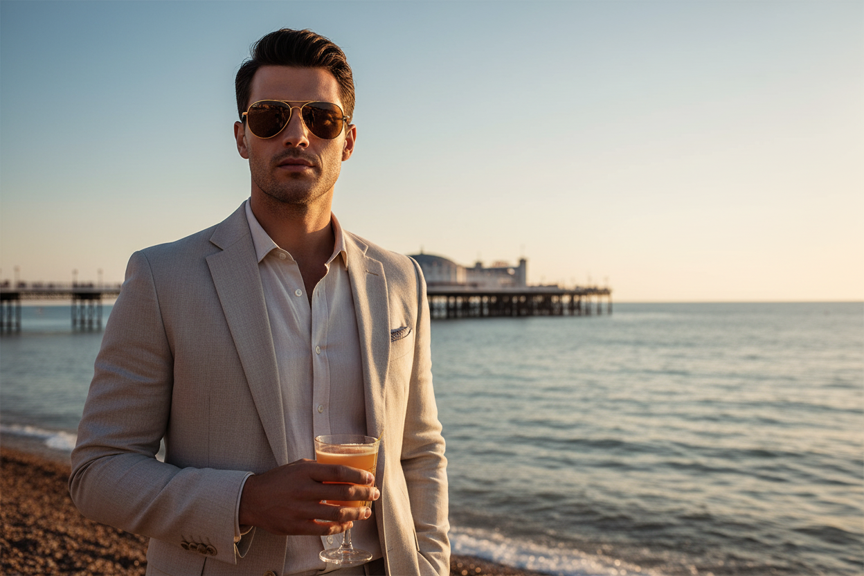 Stylish man wearing gold aviator sunglasses Brighton seafront Palace Pier golden hour