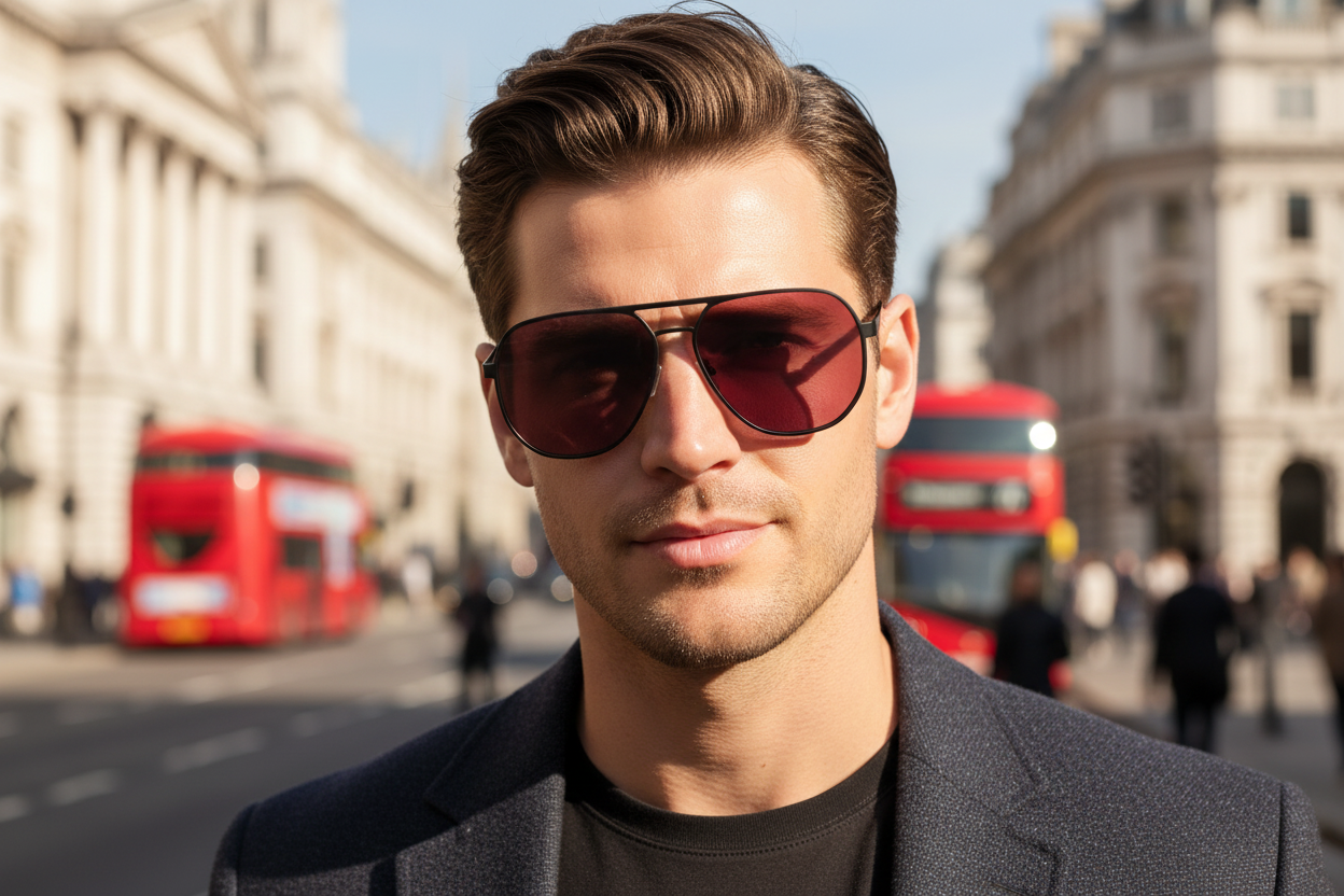 UK Men's Sunglasses black aviator burgundy lens proportionate London