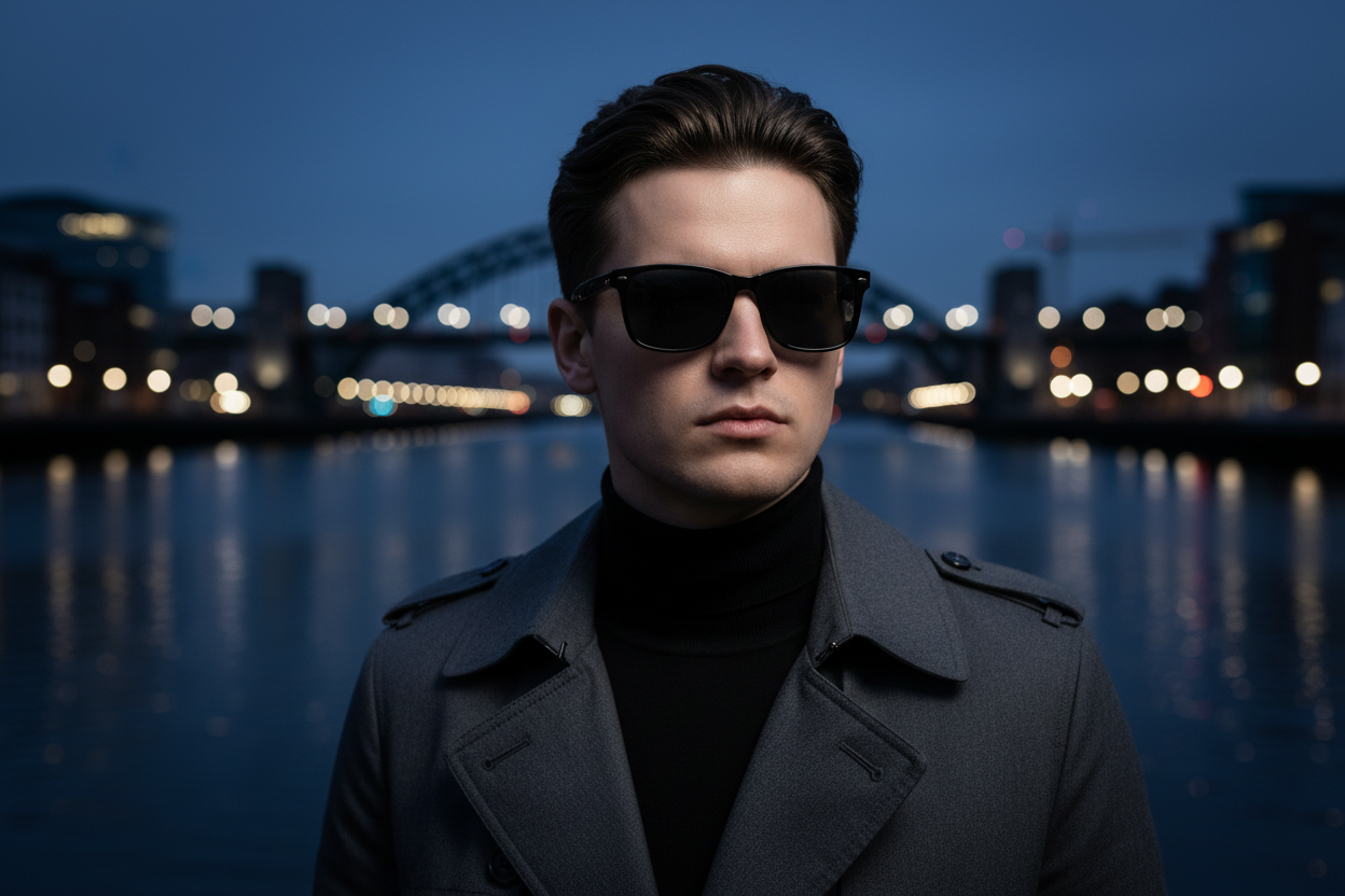 Waves II all-black rectangular sunglasses Newcastle Quayside Tyne Bridge blue hour