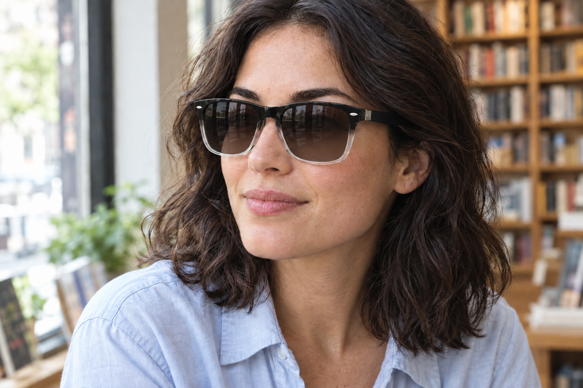 Woman in a bookshop wearing Edinburgh sunglasses with a black-to-clear frame and smoky brown lenses