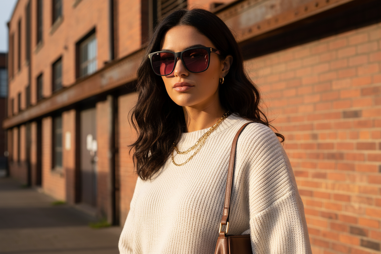 Woman Kelham Island Sheffield wearing Eighties III black TR90 fuchsia pink polarised sunglasses gold hinge editorial