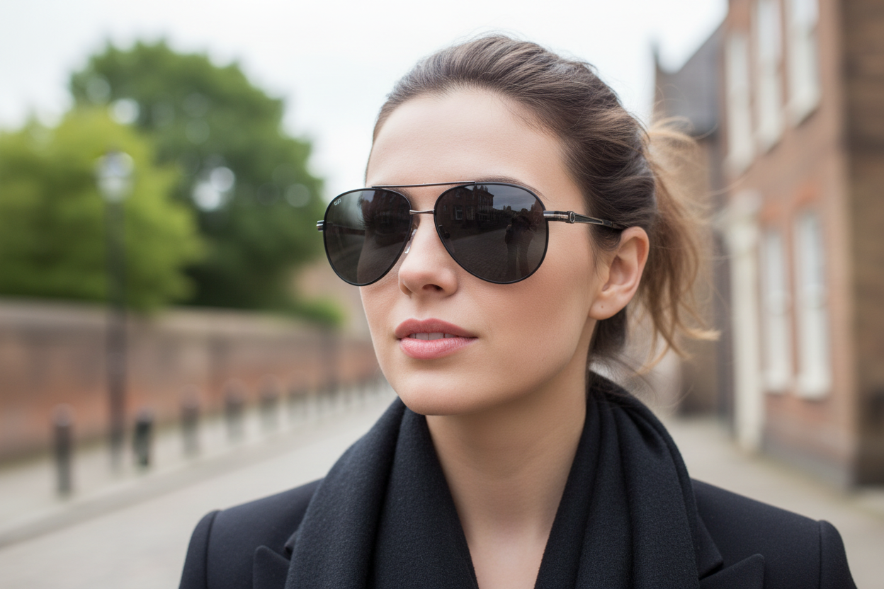 Woman wearing Missandtrendy polarised UV 400 aviator sunglasses outdoors in Lancaster — black silver frame dark grey lens