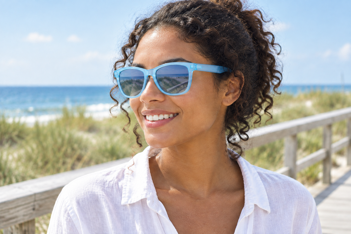 Woman on a seaside boardwalk wearing Rainbow UV polarised sunglasses with a translucent blue frame and blue lenses