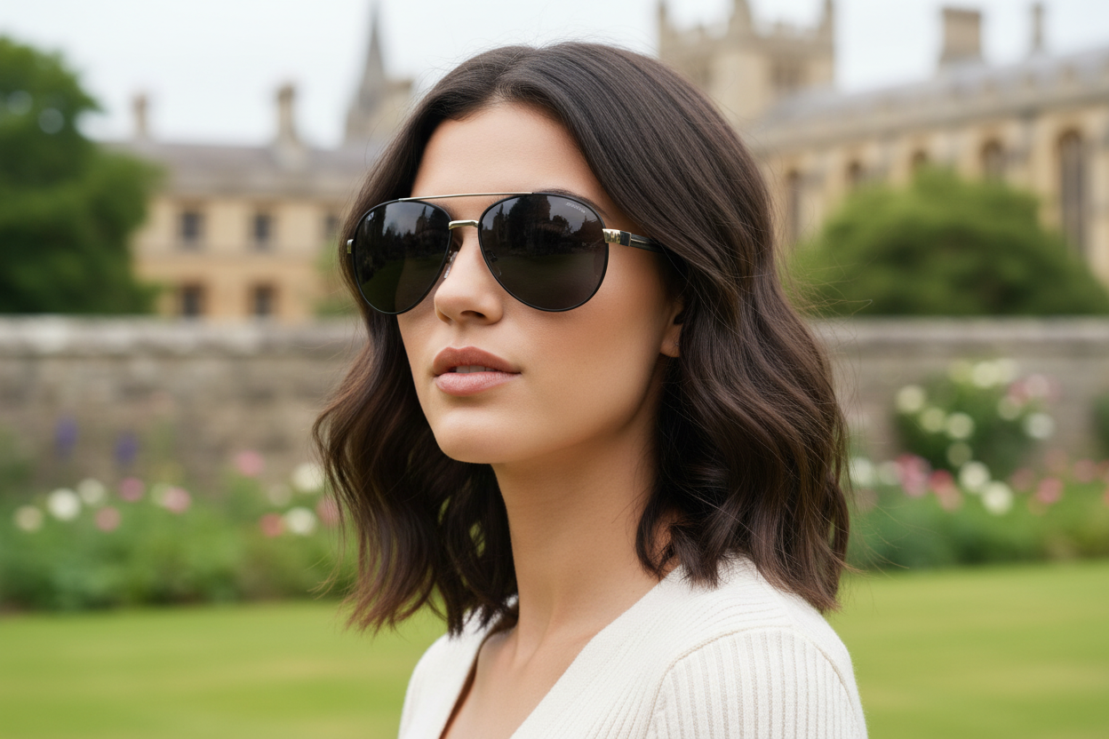 Woman wearing Missandtrendy polarised UV 400 aviator sunglasses outdoors in Salisbury — black silver frame dark grey lens
