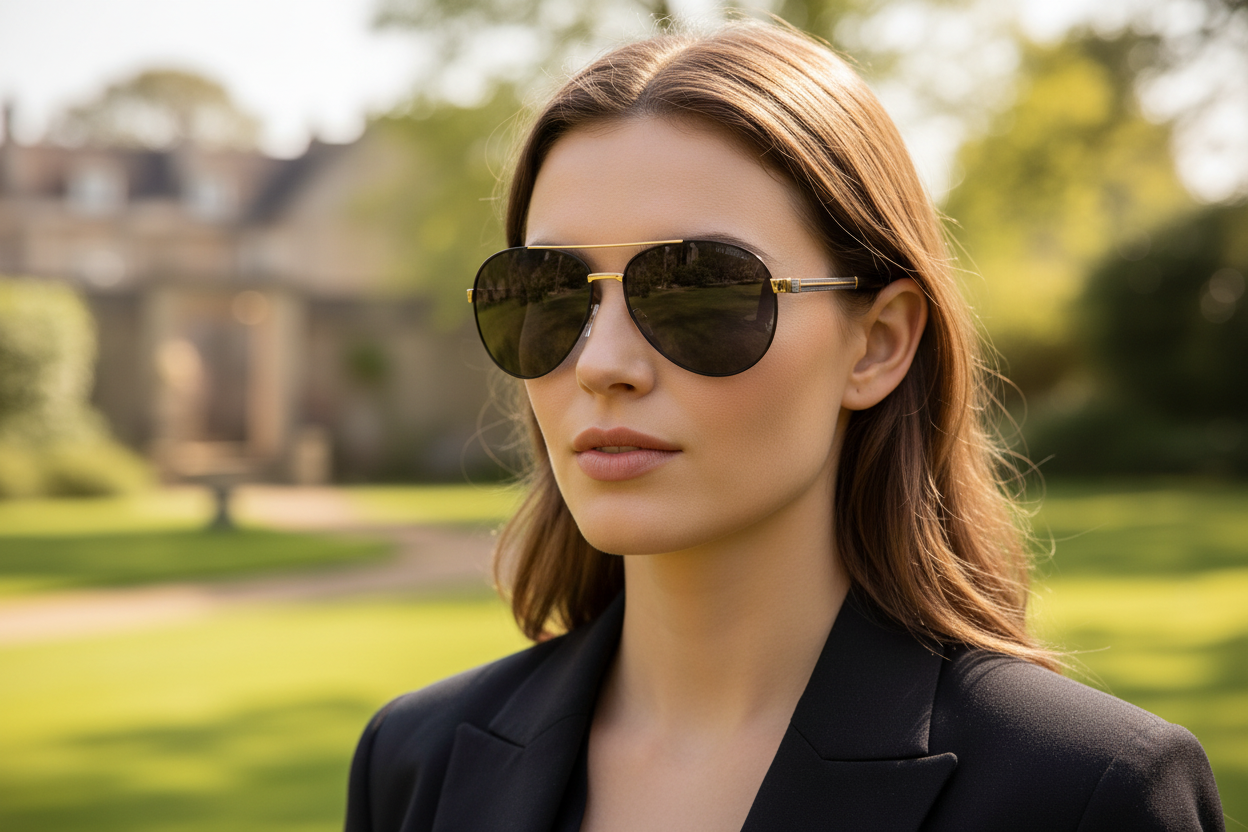 Woman wearing Missandtrendy Salisbury unisex aviator metal UV 400 Polarised sunglasses with black gold temple and black lens 0º side view