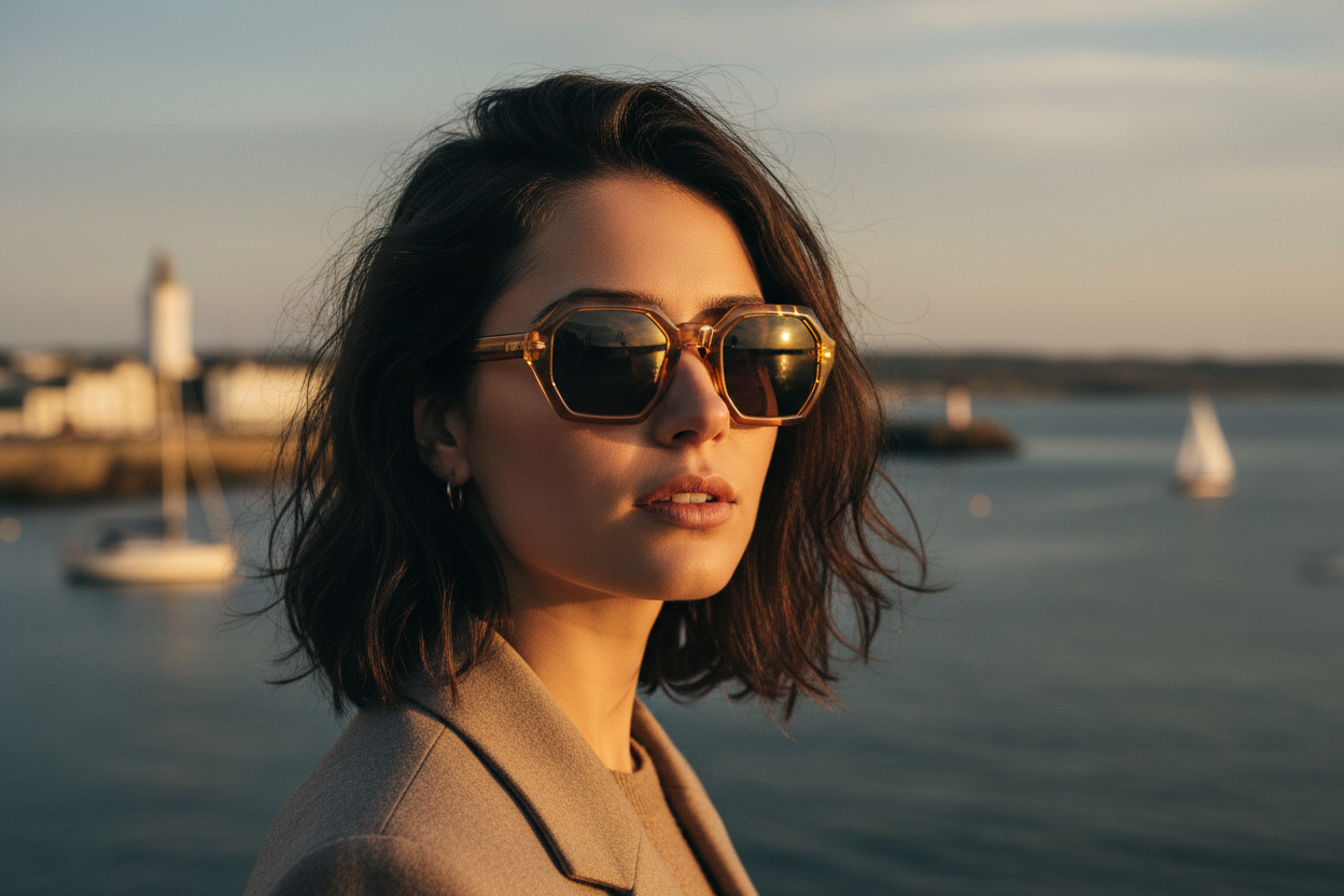 Woman wearing Axe amber octagonal sunglasses Plymouth Hoe