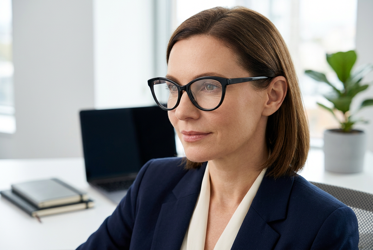 A woman with brown hair and black-rimmed Cat-eye prescription lens glasses with Acetate frame sitting in a bright office environment with a laptop and plant in the background.