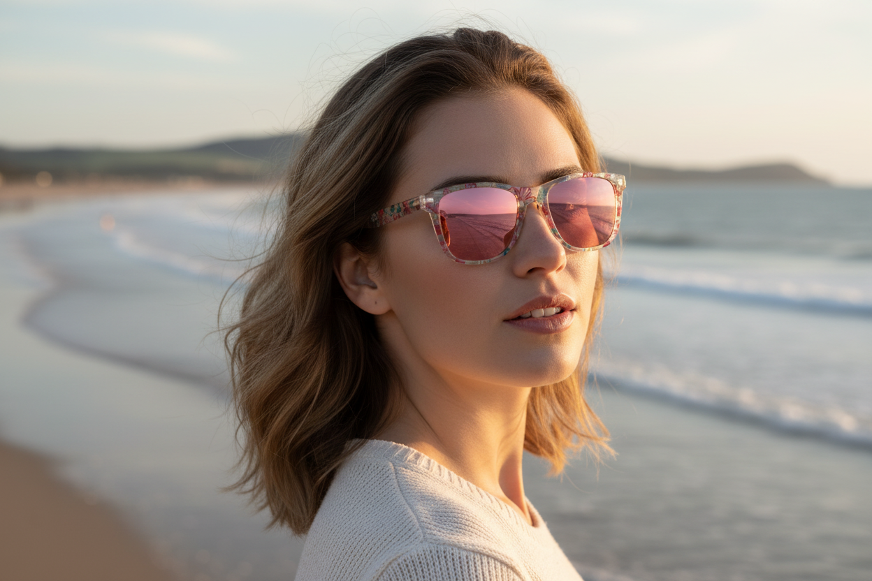 Woman wearing floral transparent wayfarer sunglasses pink lenses Swansea Bay