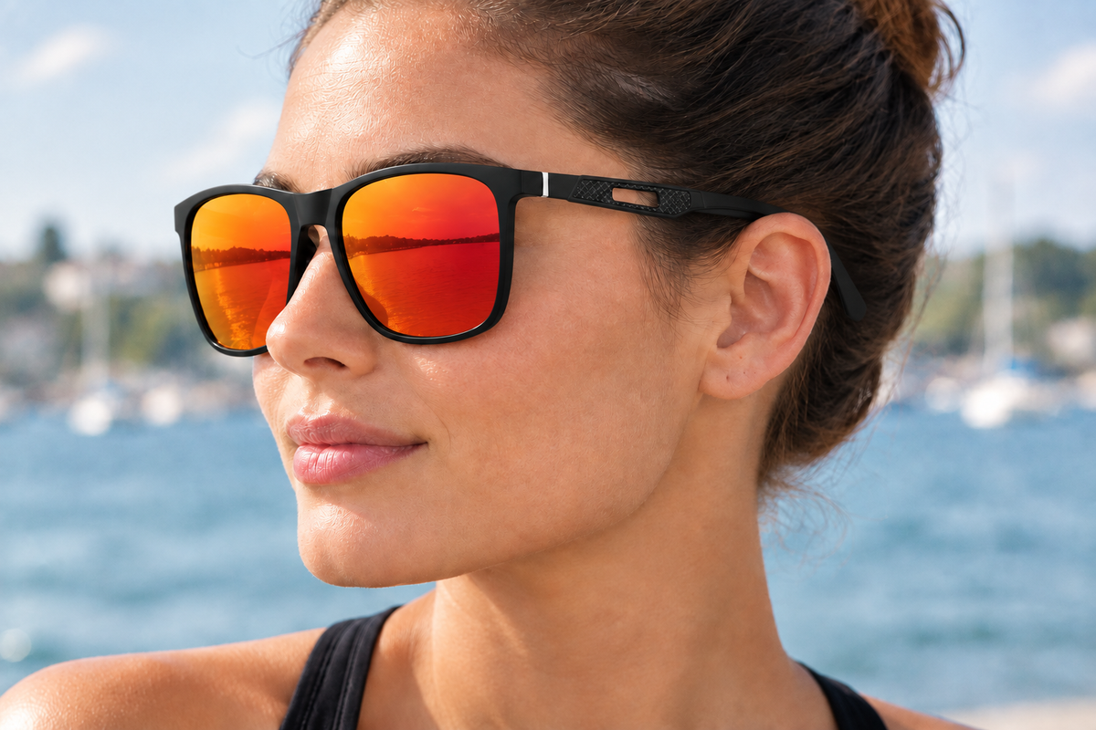 Woman wearing Missandtrendy square UV 400 polarised orange mirror sunglasses with textured black temples