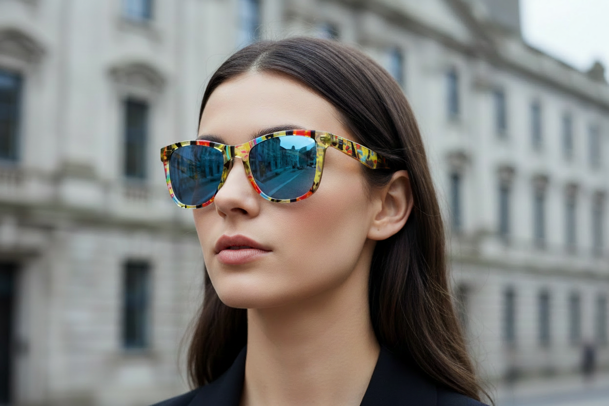 Woman wearing multicolour abstract wayfarer sunglasses transparent blue lenses Aberdeen winning shot