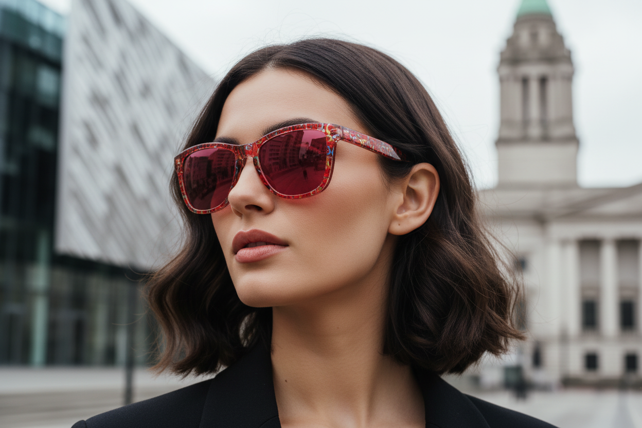 Woman wearing red patterned wayfarer sunglasses Belfast Titanic backdrop