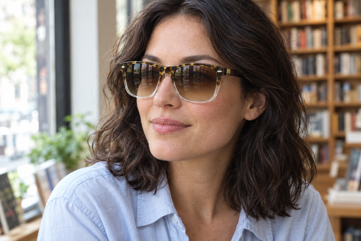 Woman in a bookshop wearing Edinburgh I sunglasses with a tortoiseshell-to-clear frame and brown gradient lenses