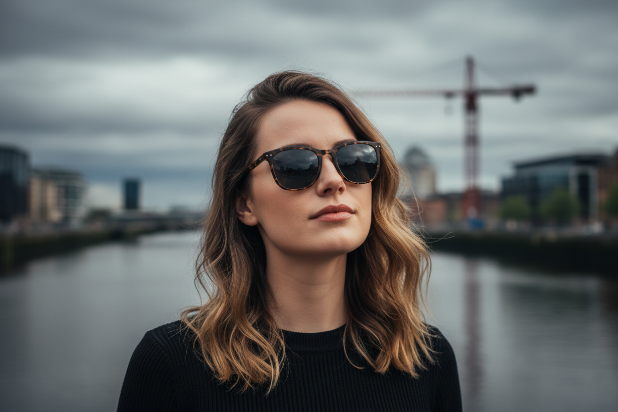 Woman wearing tortoiseshell TR90 sunglasses Glasgow River Clyde backdrop
