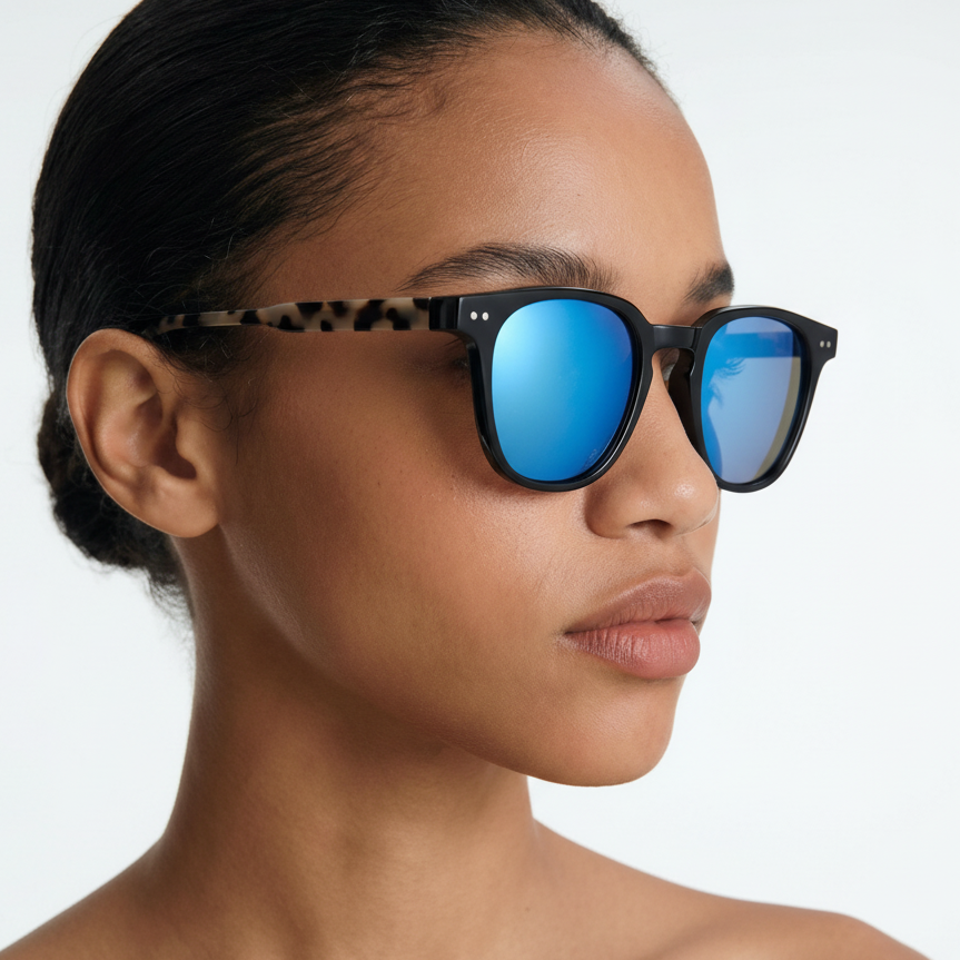 woman wearing Missandtrendy candice round sunglasses with black frame and mirror blue lens front side view_02