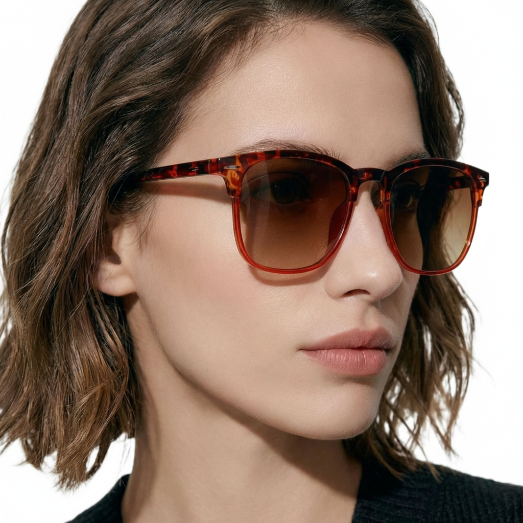 women wearing Missandtrendy Piccadilly wayfarer sunglasses with tortoiseshell orange  frame and brown lens 45º side view 01